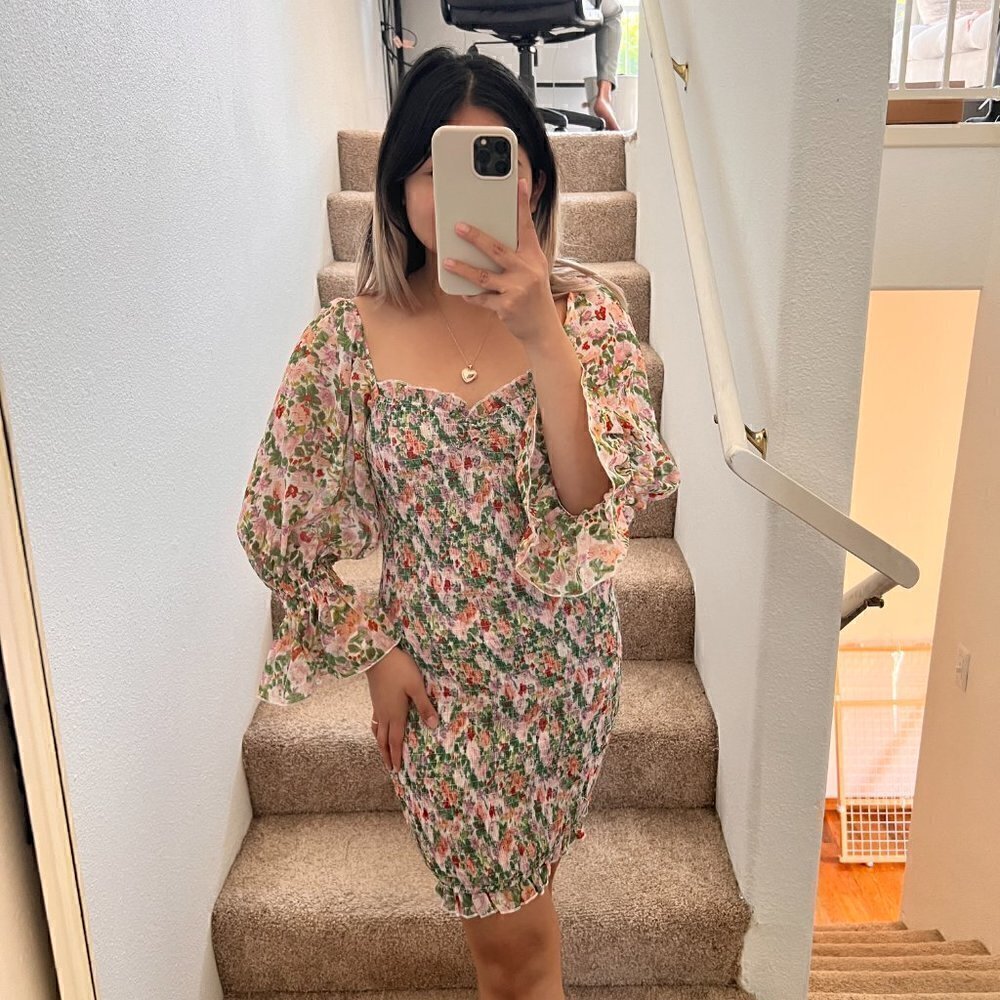 Floral Bodycon Ruched Long Sleeve Mini Dress S​​​​​​​​​​​​​​​​​​​​​​​​​​​​​​​